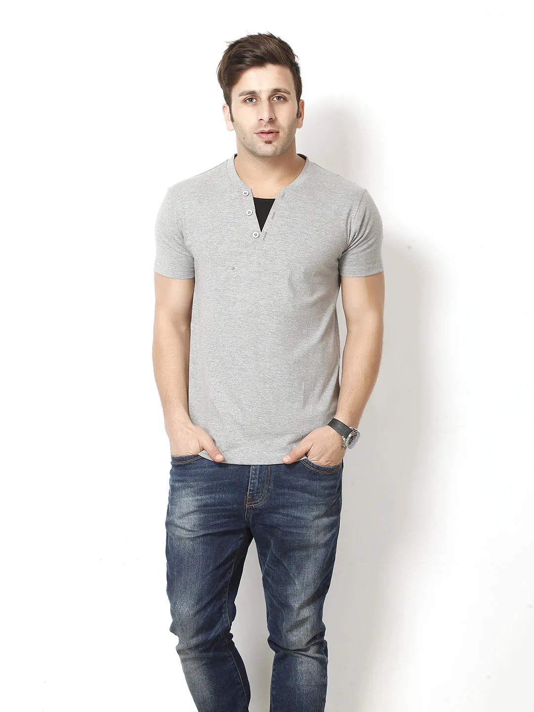 Grey Melange Plus Size Henley T-Shirt