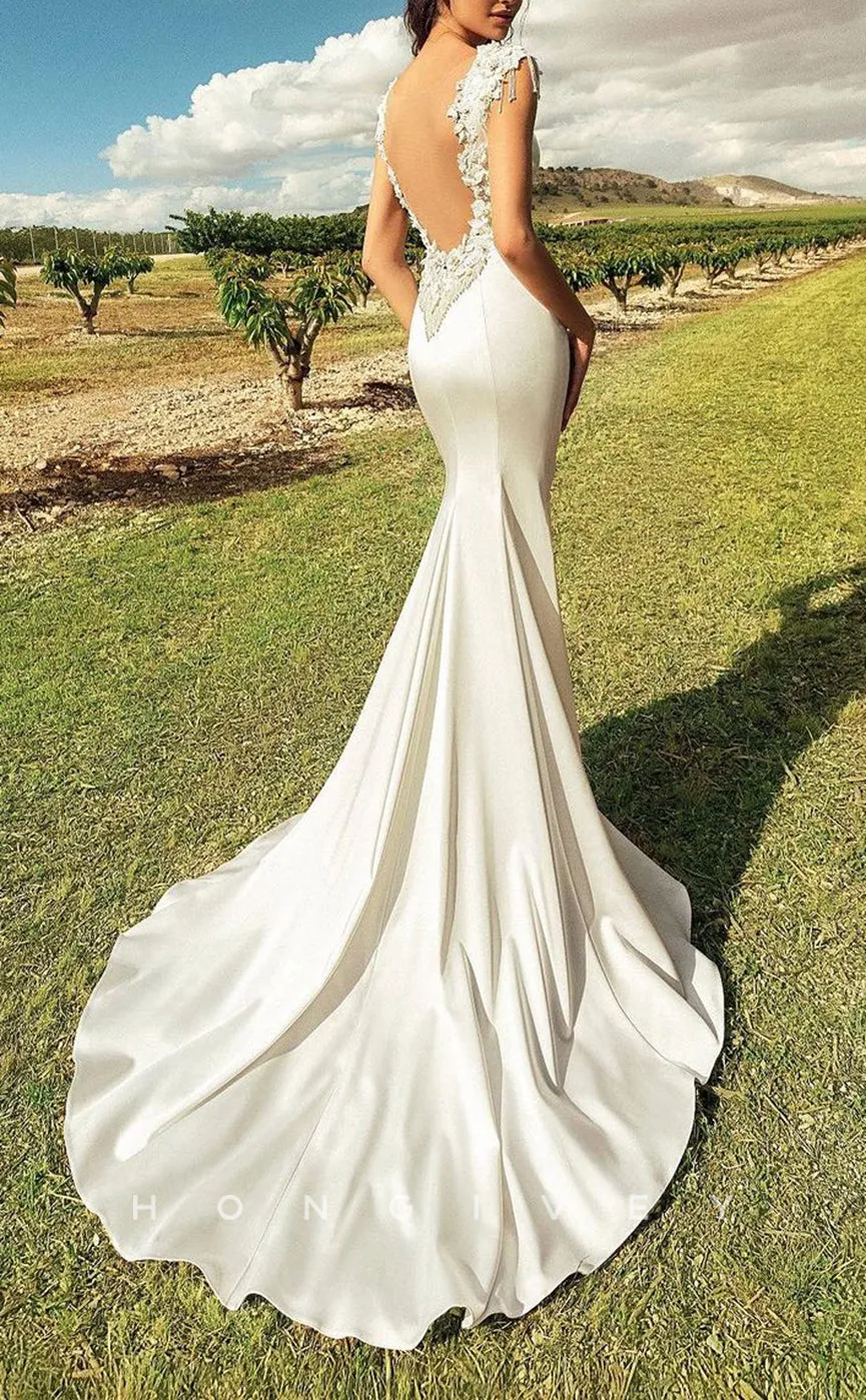 H1227 - Sexy Satin Fitted Scoop Sleeveless Empire Beaded Appliques With Train Wedding Dress