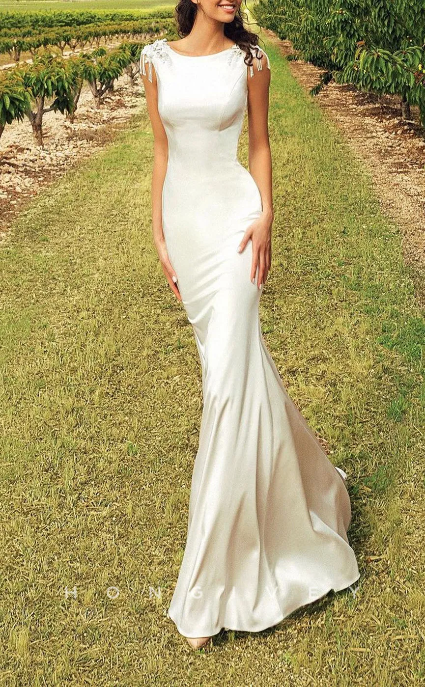 H1227 - Sexy Satin Fitted Scoop Sleeveless Empire Beaded Appliques With Train Wedding Dress