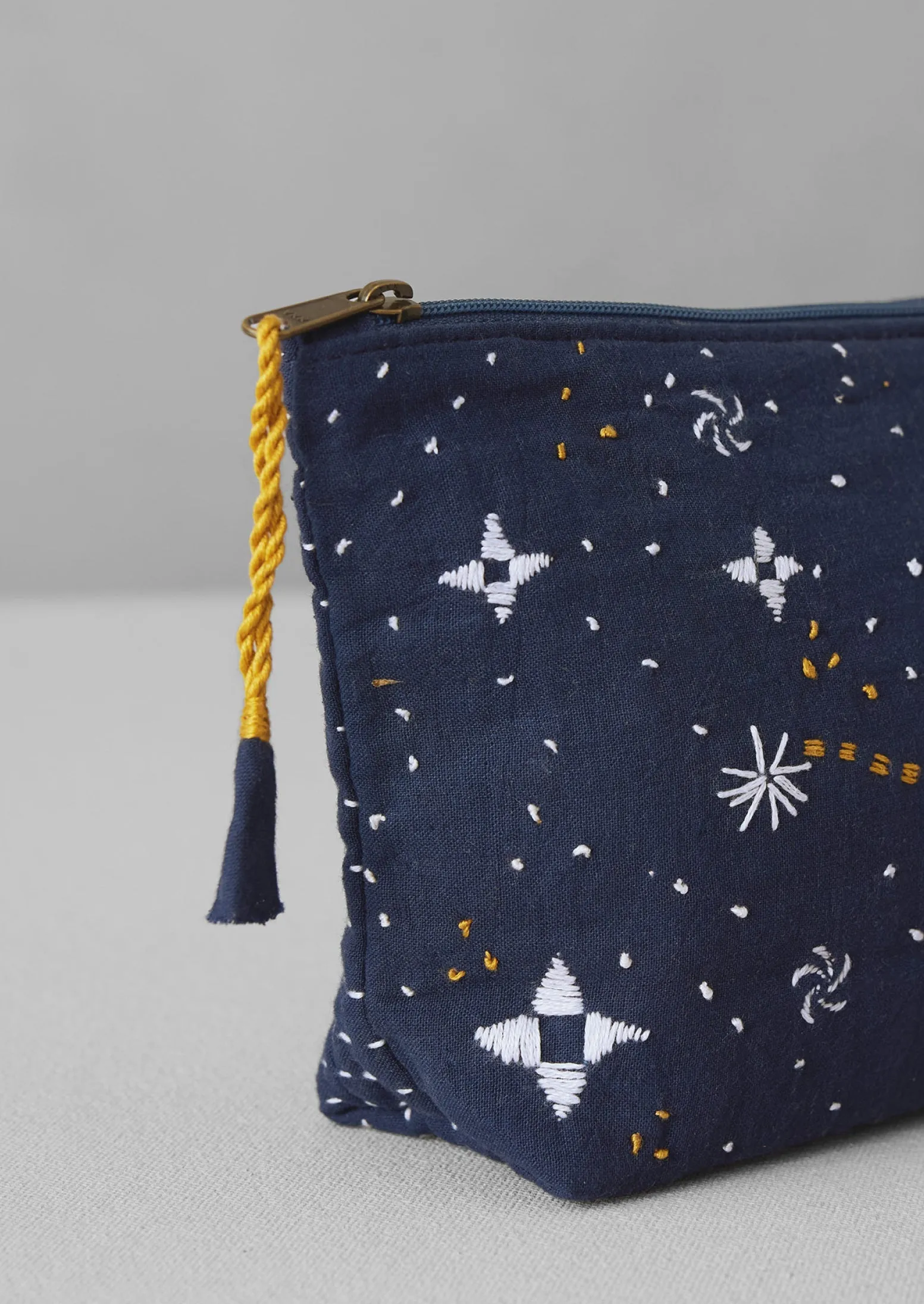 Hand Embroidered Celestial Pouch | Indigo