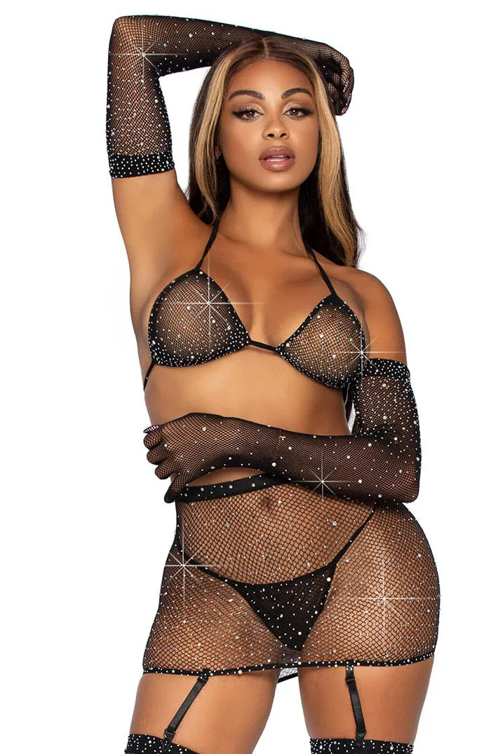 Sexy Diamond Fishnet Bodystocking with Gloves - Black