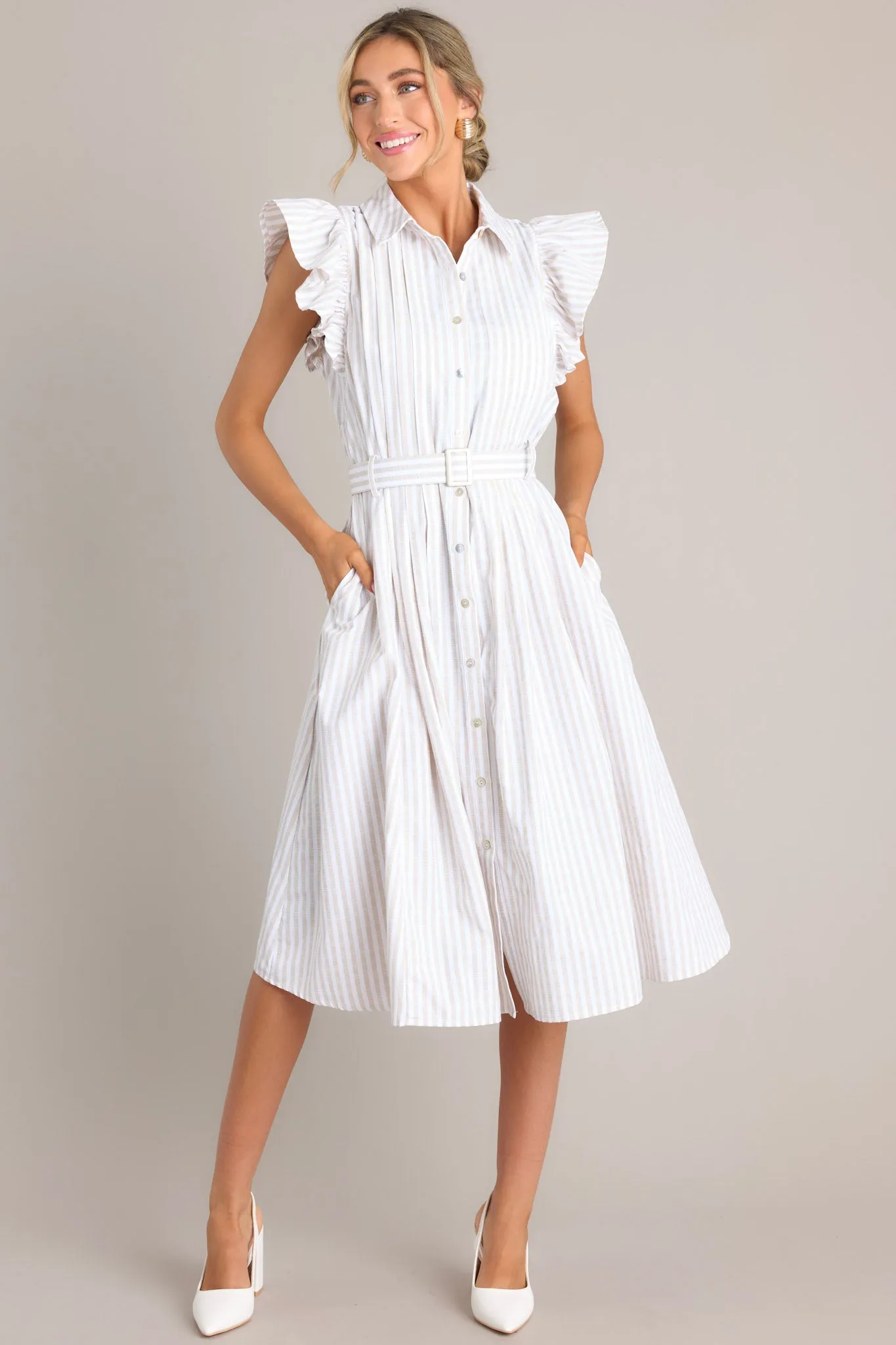 Simple Statement Taupe and White Stripe Button Front Midi Dress