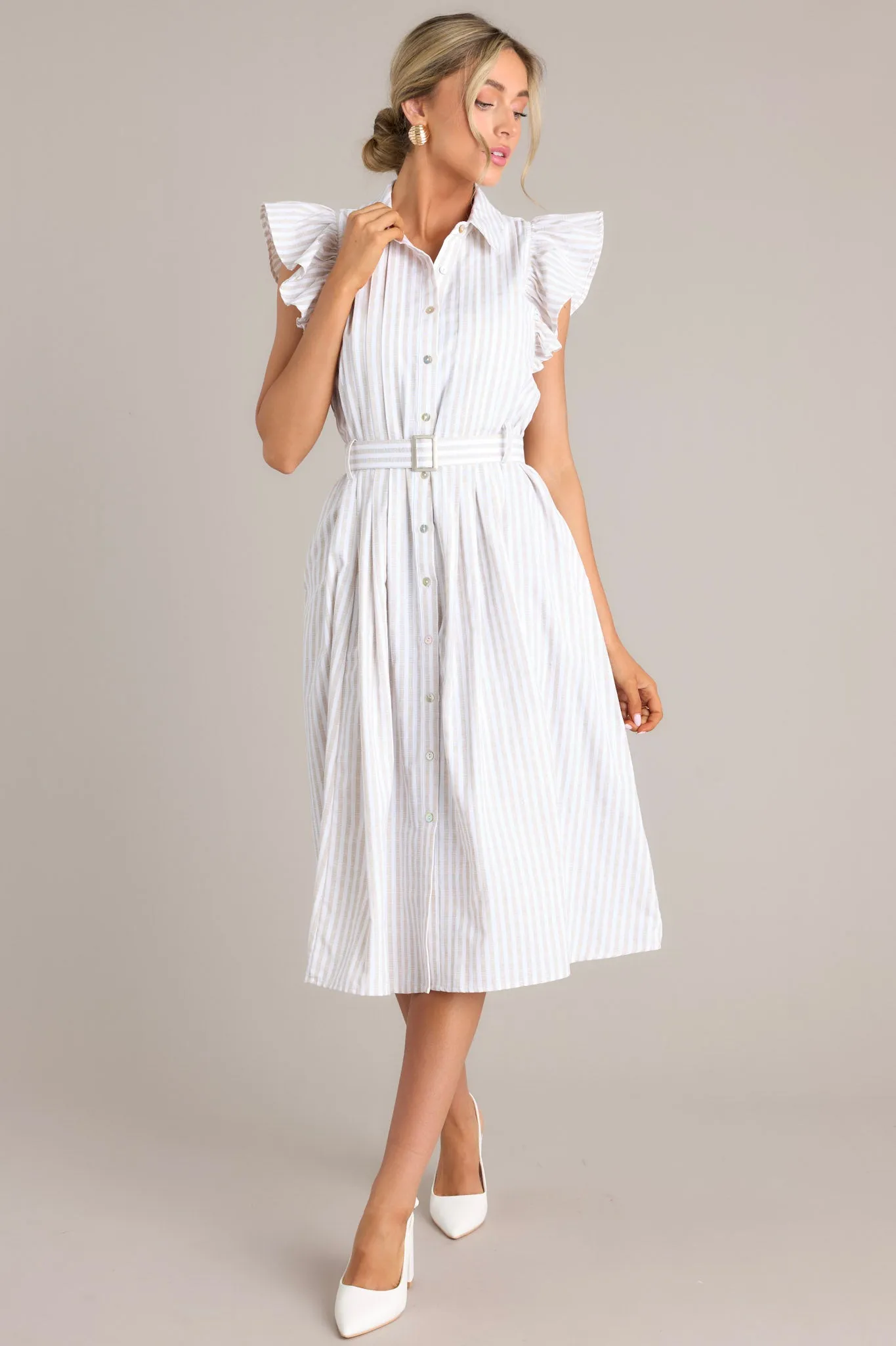 Simple Statement Taupe and White Stripe Button Front Midi Dress