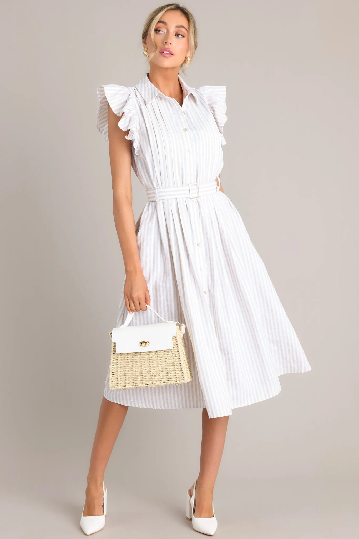 Simple Statement Taupe and White Stripe Button Front Midi Dress