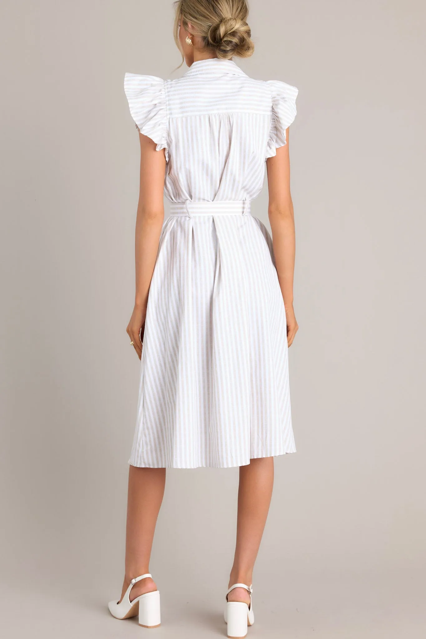 Simple Statement Taupe and White Stripe Button Front Midi Dress