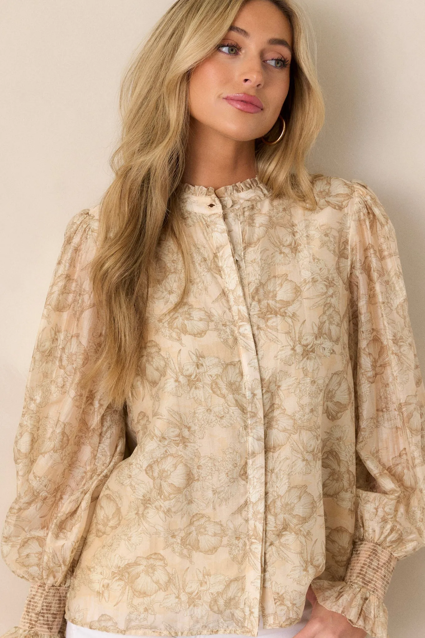 Through The Years Beige Floral Button Front Top