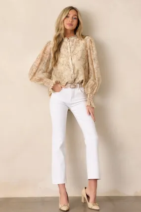 Through The Years Beige Floral Button Front Top