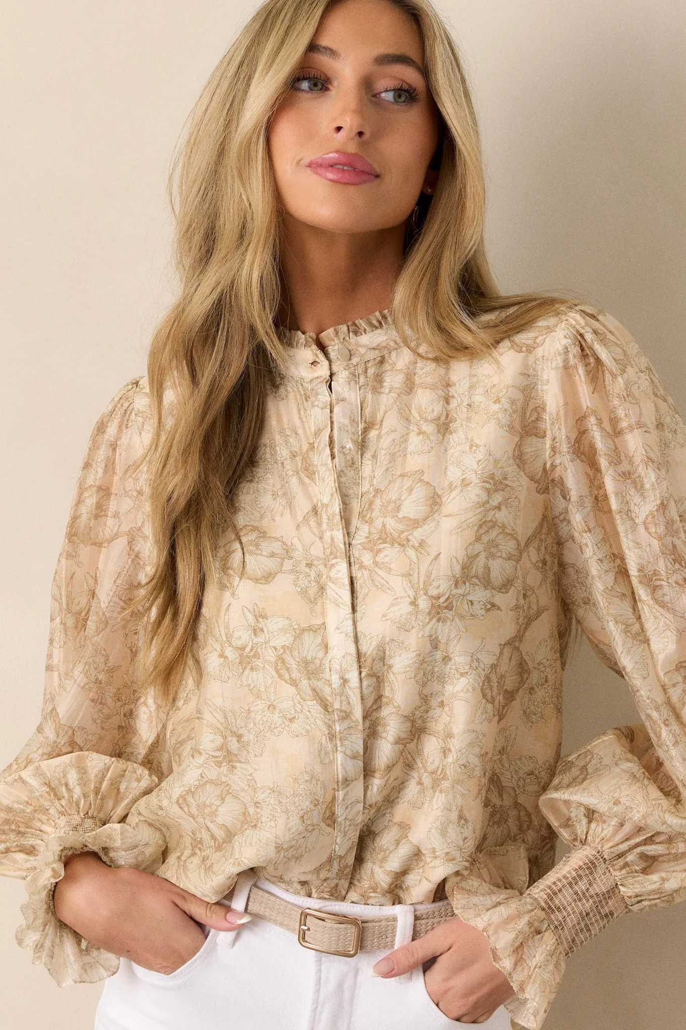 Through The Years Beige Floral Button Front Top