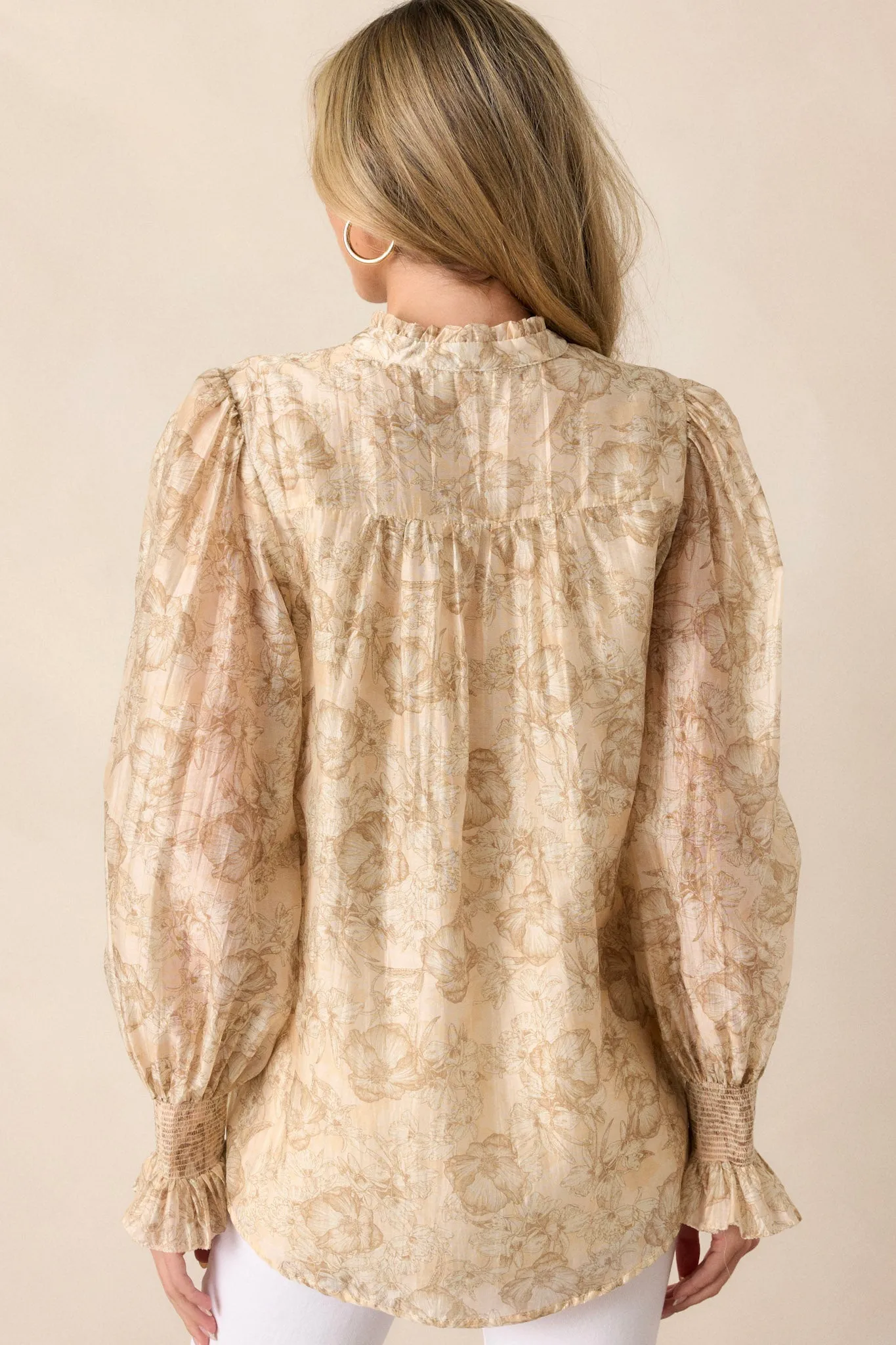 Through The Years Beige Floral Button Front Top