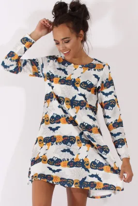 White Halloween Pumpkin & Bats Swing Dress - Sabrina