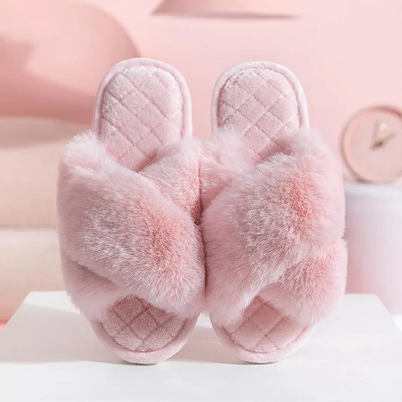 Women's Cross-Strap Furry Slippers - Cozy Winter House Shoes