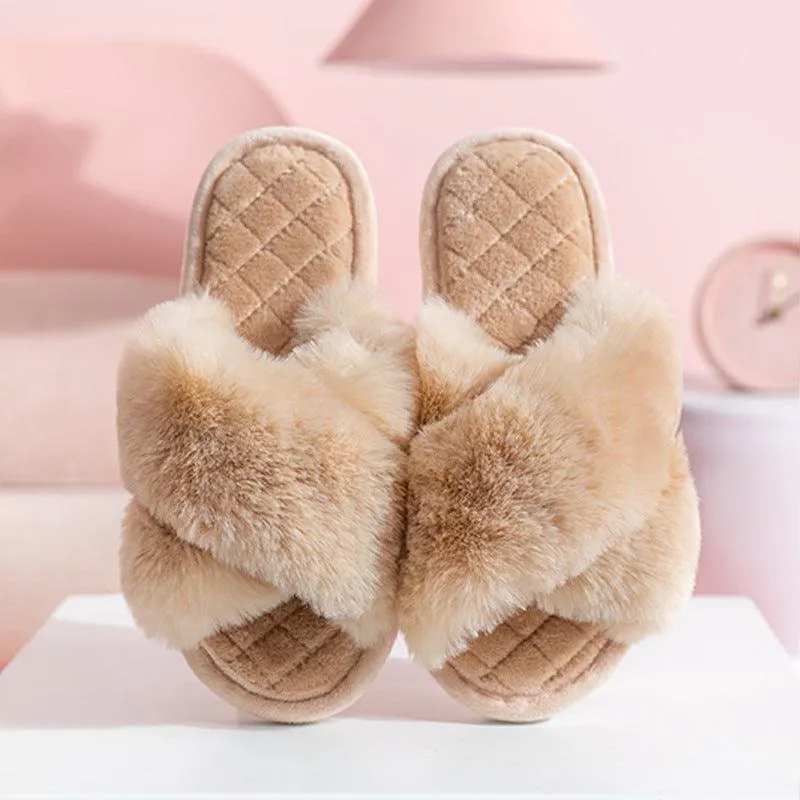 Women's Cross-Strap Furry Slippers - Cozy Winter House Shoes