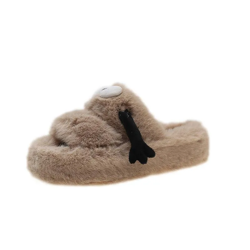 Women’s Cute Cartoon Fluffy Slippers - Winter Warm Plush