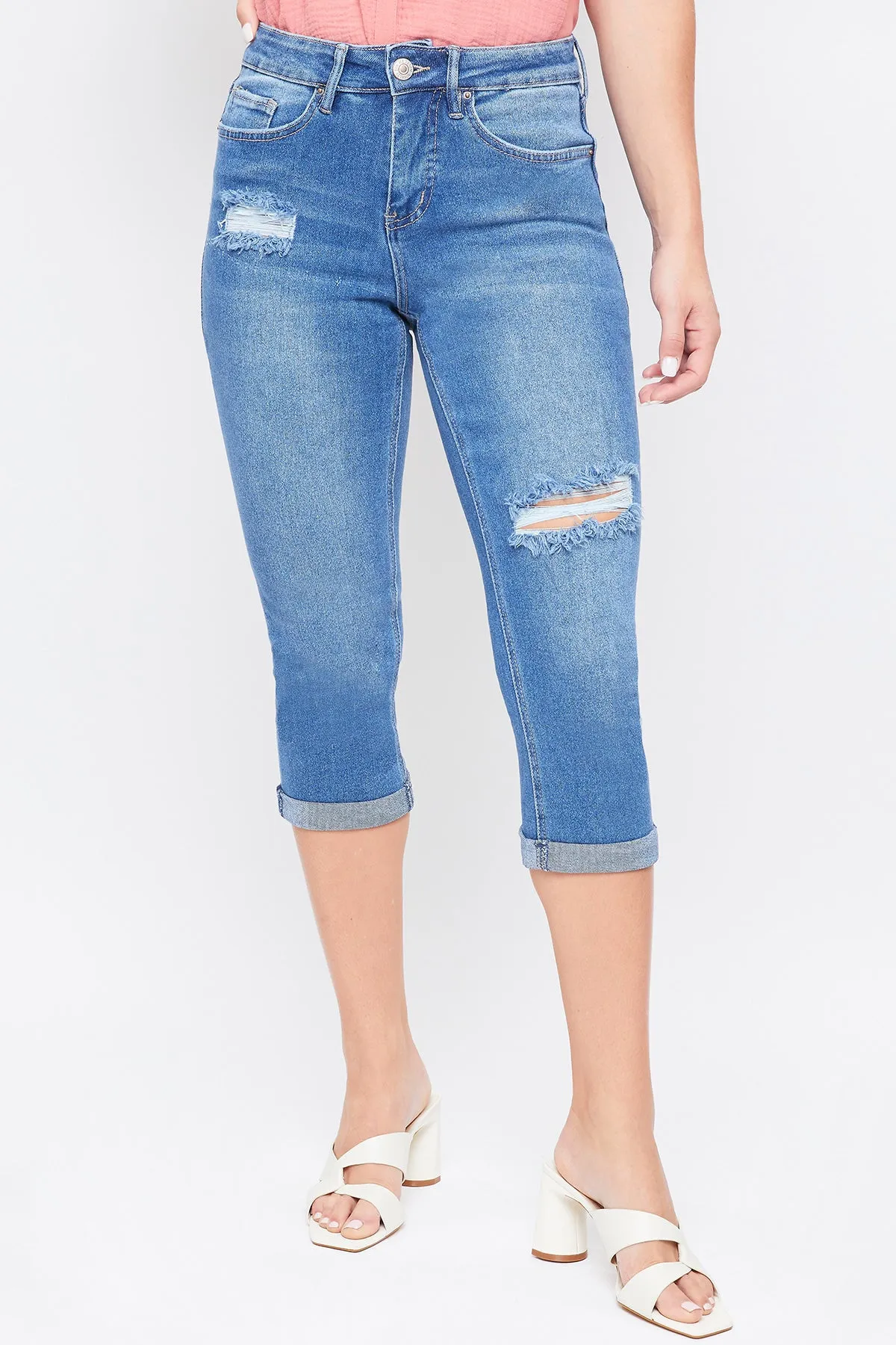 Womens Vintage High Rise Rolled Cuff Capri Jean-Distressed