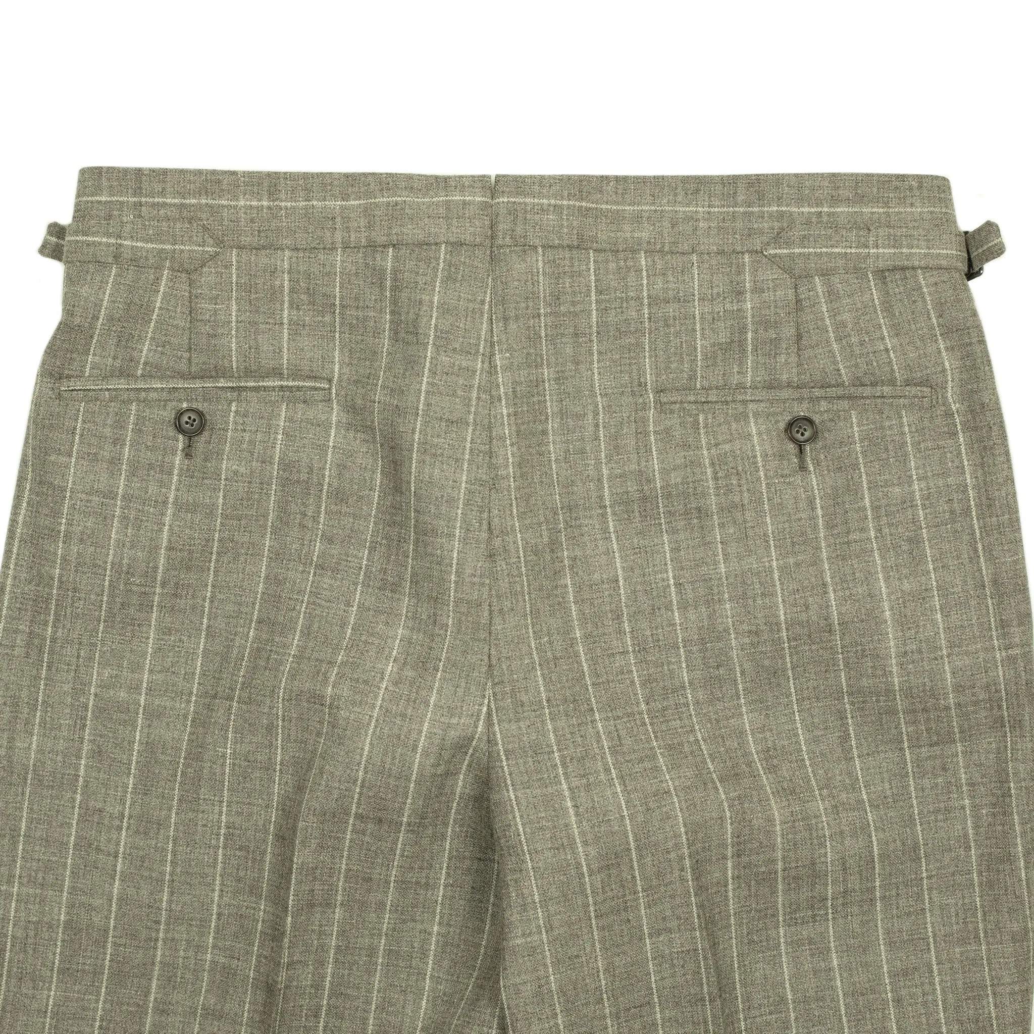 x Sartoria Carrara: Pleated trousers in taupe undyed wool with cream stripe