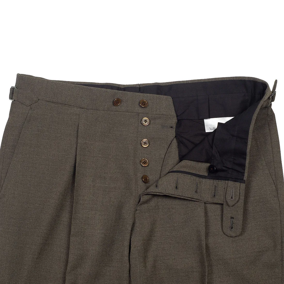 x Sartoria Carrara: Taupe brown pleated trousers in Drapers Ascot 4-ply wool 13oz